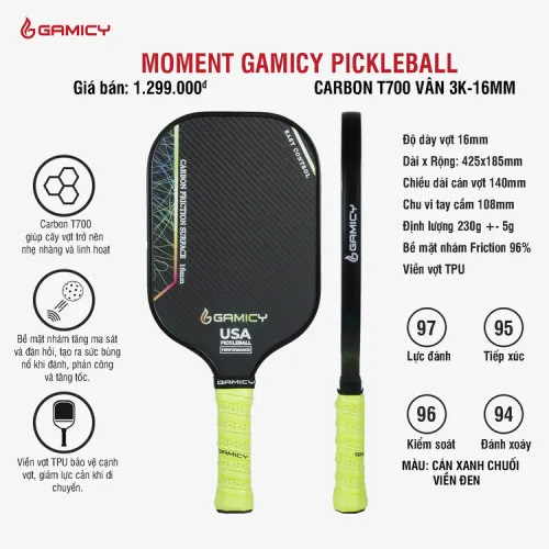 Vợt Pickleball Kaiwin Gamicy Moment T700 16mm 2